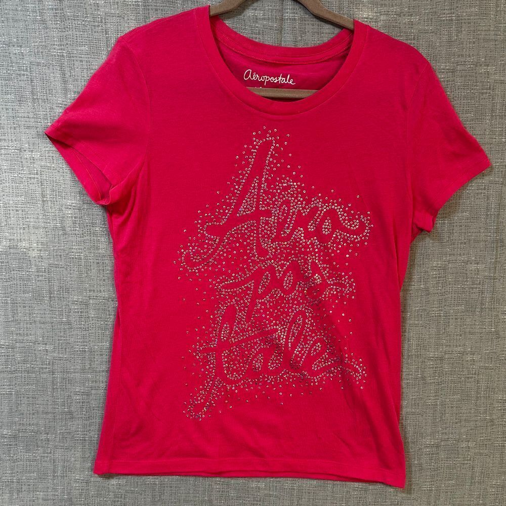 Aeropostale XL pink tee shirt embellishment silver rhinestones spell out logo